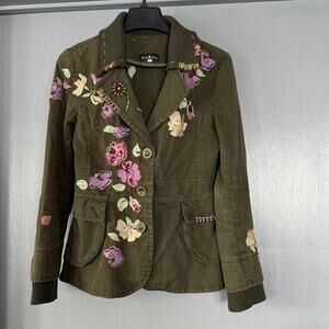 BDBA Green M Blazer Jacket Floral Embroidery Sequins Distressed Pockets Grunge